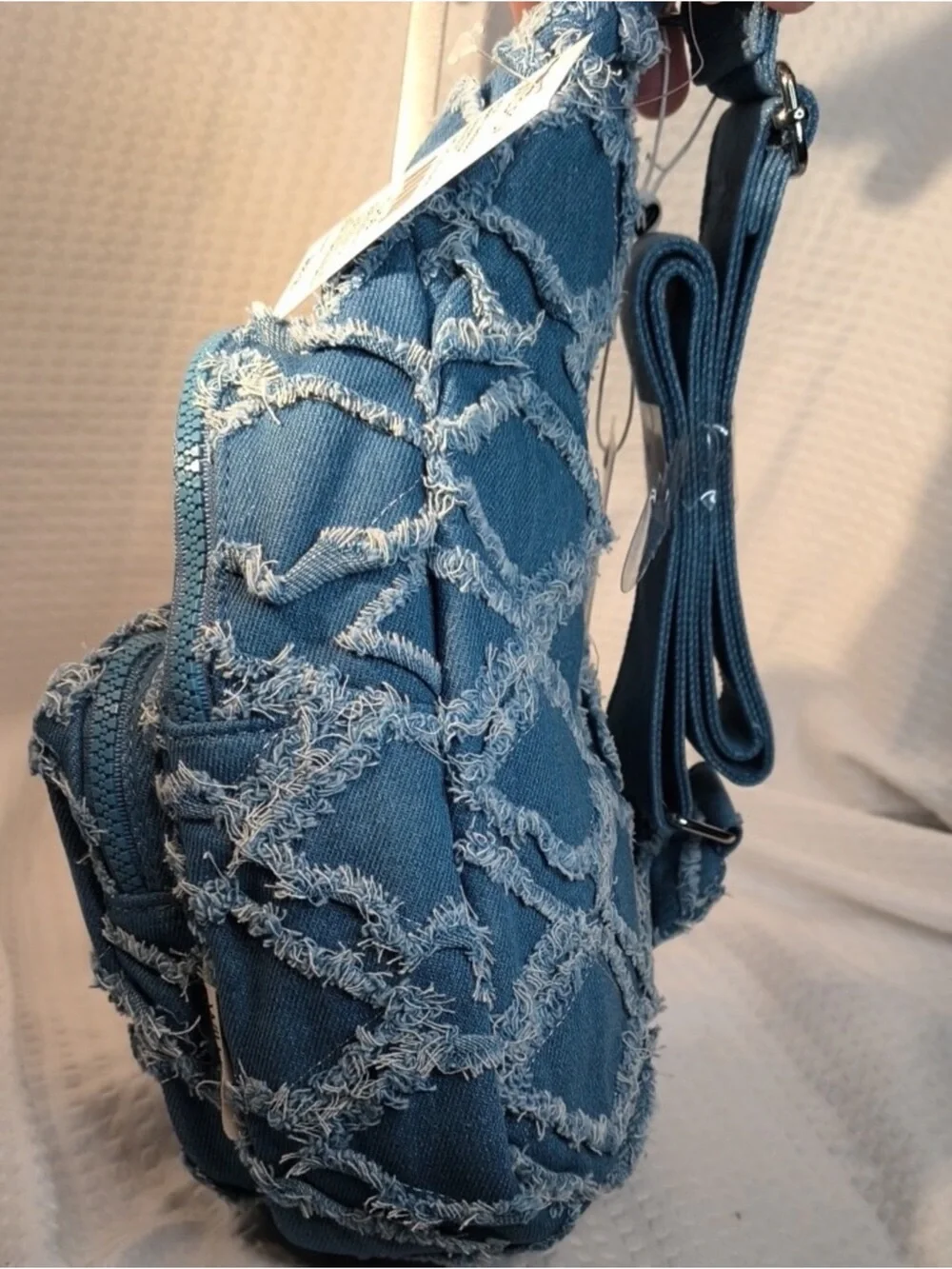 Wildfox Frayed Denim Blue Mini Backpack Crossbody